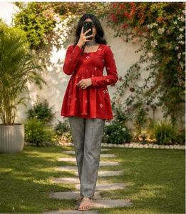 Red Printed Flared Kurti_M