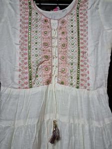 White Embroidery Anarkali dress with Tassels