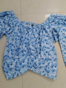 Blue Floral Off-Shoulder Puff Sleeve Top