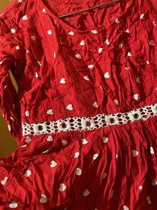 Red Kurti with White Heart Print