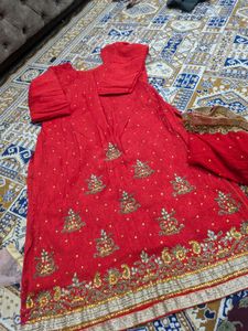 Embellished Red Kurta Set with Dupatta