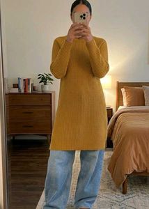 Cozy Mustard Yellow Turtleneck Sweater Dress