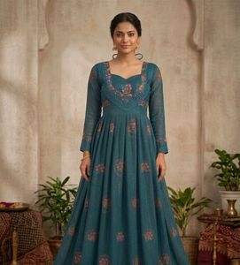 Elegant Embroidered Teal Gown