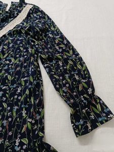 Vintage Navy Blue Floral Ruffle Dress with Lace V-