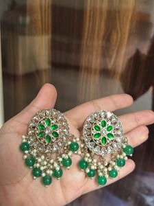 Green Kundan Chandbali Earrings