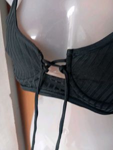 Black Ribbed Lace-Up Bikini Top