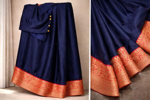 Elegant Navy Blue & Red Saree excellent condition