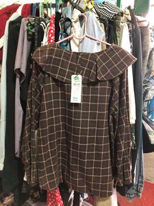 Brown Checkered Long Sleeve Top