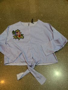 Striped Tie-Front Top with Floral Embroidery