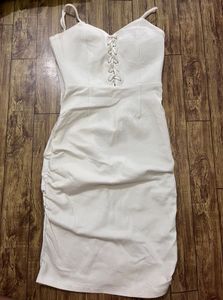 Chic White Lace-Up Ruched Bodycon Dress