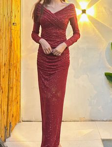 Maroon Embellished Off Shoulder Dress