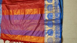 Elegant Red Silk Saree with Blue Border