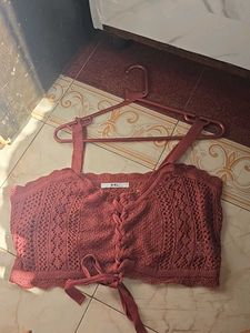 Maroon Cute Crocheted Lace-Up Crop Top