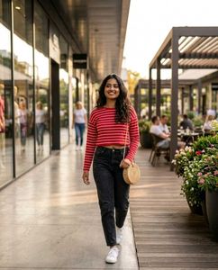 Red Striped Cropped Long Sleeve Top