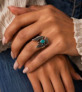Unisex Eagle Design Ring with Turquoise Stone
