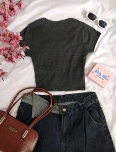 Dark Grey Ribbed Henley Top
