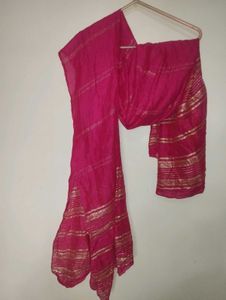 Vibrant Pink Dupatta with Gold Stripes