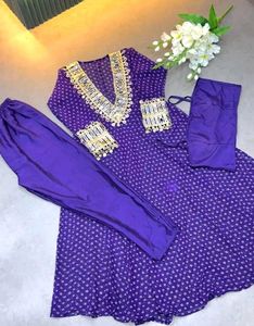 Blue Bandhani Kurta Set with Mirror Work