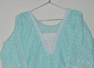 Elegant Teal Kurta with White Lace