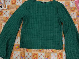 Green Textured Bell Sleeve Top