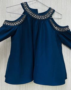 Beaded Cold Shoulder Blue Top