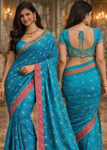 Stunning Blue Floral Saree with Pink Border