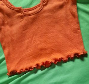 Orange Crop Tank Top With U Notch Neck Lettuce Hem
