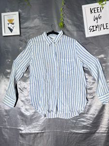 H&amp;M linen Blue Striped Button-Up Shirt