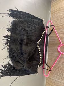 Black Fringe Embellished Crop Top