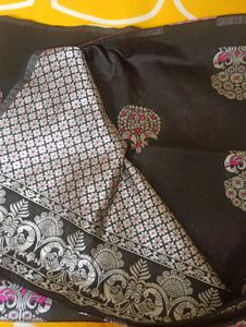 Elegant Black Saree with Silver & Pink Motifs