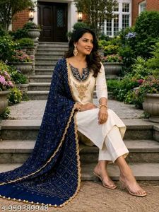 Embroidered White Kurta with Blue Dupatta Set
