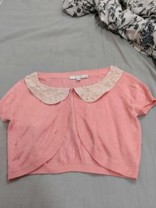 Pink Cropped Cardigan with Lace Collar