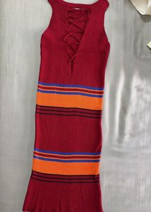 Ribbed Striped Lace-Up Dress