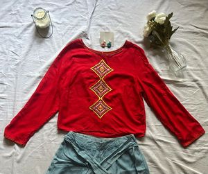 Red Embellished Crop Top &amp; Teal Palazzos