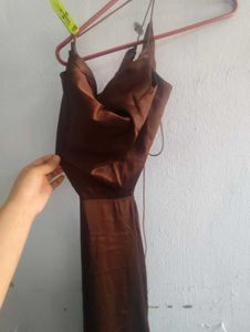 Satin Brown cowl backless Slip Dress