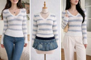 white & blue striped v neck sweater