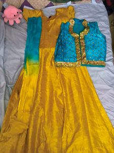 Yellow colour Tussar silk mirror work Gown with Ja