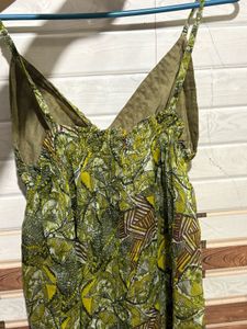 boho green mini dress with gold ascents