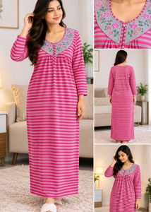 Comfortable Striped Nightgown with Embroidery