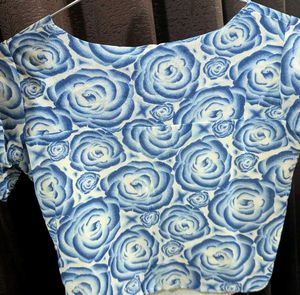 Blue Rose Pattern Square Neck Crop Top