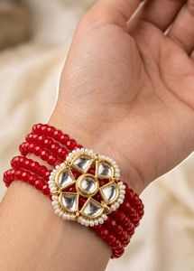 Red Beaded Bracelet with Kundan Charm