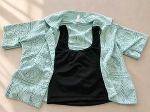 Light Blue Crochet Cardigan & Black Tank Top