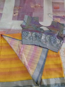 Vibrant Yellow Peacock Print Saree with blouse