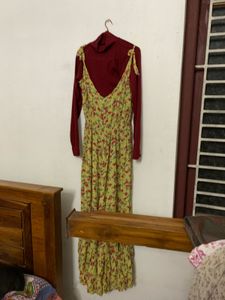 Green Floral pinafore Dress with maroon Inner top