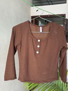 Brown Textured Long Sleeve Top (see through)
