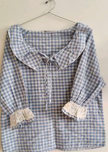 Blue Gingham Ruffle Neck Top