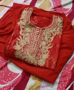 Red Saree with Frayed Detail