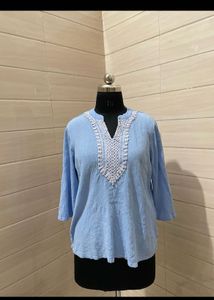 Light Blue Embroidered V-Neck Kurta