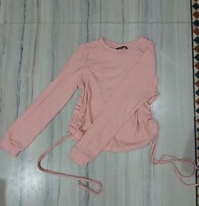 SHEIN Pink Ribbed Ruched Tie-Side Full Sleeve Top