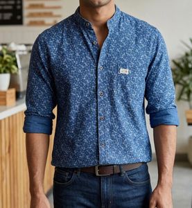 Men's Blue Paisley Print Band Collar Shirt